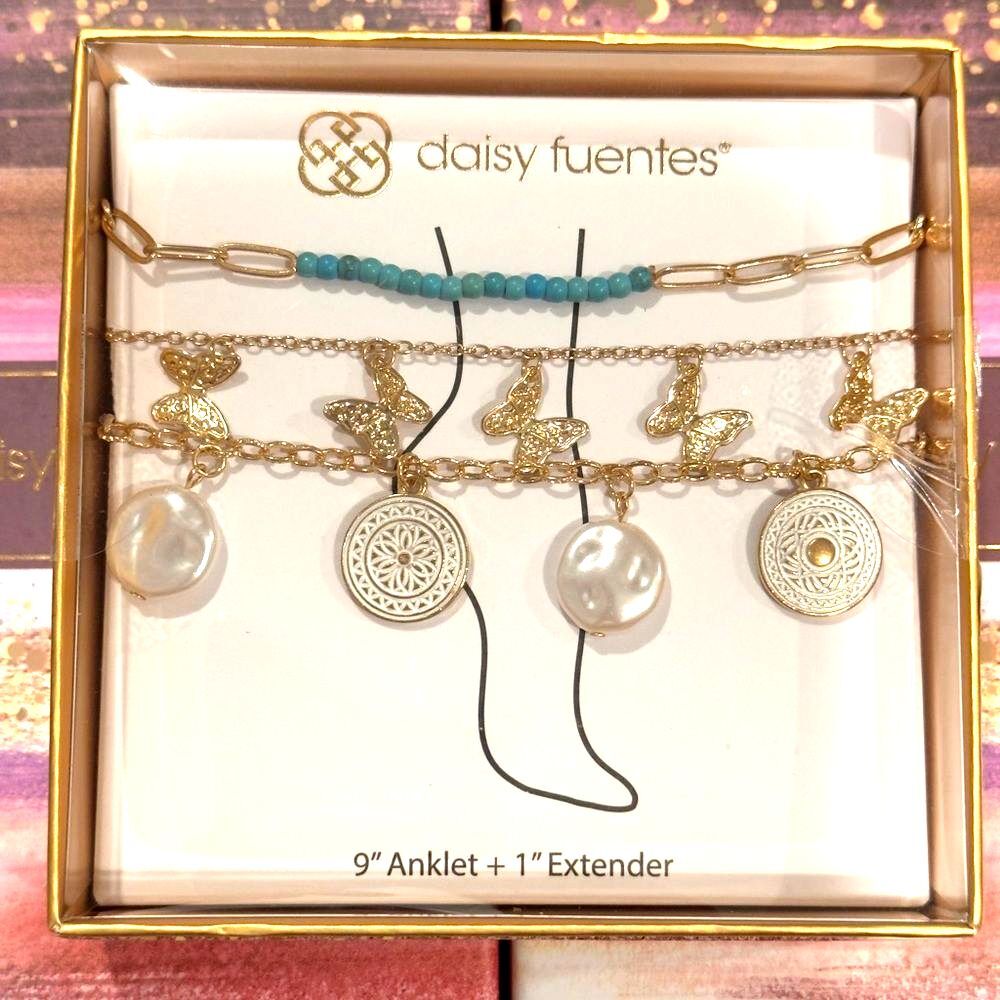 Daisy Fuentes Multi Chain Charm Anklet Gold Tone Butterfly Pearl Blue Bead NIB